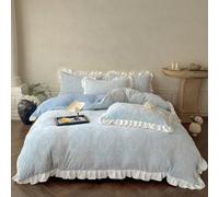 Generico Queen Milk Velvet Ruffle Carved Duvet Cover 4 Pieces,Reversible Breathable Soft Winter Duvet Cover Set,Checked Plaid Bedding Set with Flat Sheet and 2 Ruffled Pillow Shams