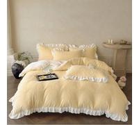 Generico Queen Milk Velvet Ruffle Carved Duvet Cover 4 Pieces,Reversible Breathable Soft Winter Duvet Cover Set,Checked Plaid Bedding Set with Flat Sheet and 2 Ruffled Pillow Shams