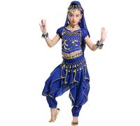 Generico Ragazze Belly Dance Indianodel Costume Ballo InsiemiCarnevale Orientale Ragazzedanze del Ventre Vestiti Bambin Gonna Frange Ragazze Costume Jasmine Bambina (Blue-c, 9-10 Years)