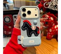 Generico Red Pony Phone Case with a Mirror Stand, A Red-Embroidered Pony Phone Case for iPhone 12/13/14/15/16/17 Pro Max Series (For 17Pro,Blue)
