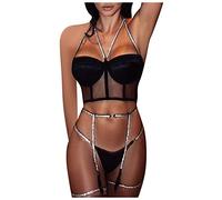 Generico Reggicalze E Calze Completo Slip Donna Sexy Aperti Biancheria Intima Sexy da in Pizzo Trasparente con Bretelle in Argento con Bretelle Maschera Sexydonna Hot Vestitino Sexy Donna (Black, S)