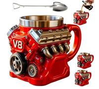 Generico Retro Engine Coffee Mug,V8 V6 Creative Car Motor Design Cup,Personalized Double-Wall Insulated Stainless Steel Automotive Cups,For Car Themed Enthusiast and Engineers