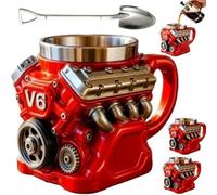 Generico Retro Engine Coffee Mug,V8 V6 Creative Car Motor Design Cup,Personalized Double-Wall Insulated Stainless Steel Automotive Cups,For Car Themed Enthusiast and Engineers
