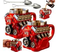 Generico Retro Engine Coffee Mug,V8 V6 Creative Car Motor Design Cup,Personalized Double-Wall Insulated Stainless Steel Automotive Cups,For Car Themed Enthusiast and Engineers