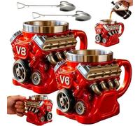 Generico Retro Engine Coffee Mug,V8 V6 Creative Car Motor Design Cup,Personalized Double-Wall Insulated Stainless Steel Automotive Cups,For Car Themed Enthusiast and Engineers