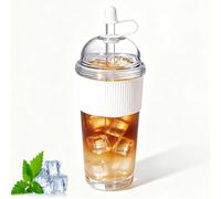 Generico Reusable Iced Coffee Cups with Lids and Straws 17oz Bobas Cup Straw, Iced Coffee Cup Reusable, with Silicone Sleeve, Dome Top,Ribbed Grip,Home Office Commute (#3)