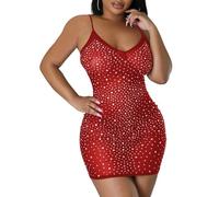 Generico Robe moulante mini sexy en résille perforée, idéale pour sortir en boîte, avec strass transparents.