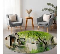 Generico Rotondo Tappeto Classico 60 cm Dipinto Acquerello Del Fiume Dell'Antica Città - Tappeto Rotondo Soggiorno Lavabile in Lavatrice Antiscivolo Pelo Corto, Verde, per Camera da Letto Sala