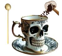 Generico Royal Skull Coffee Mug, Gothic Porcelain Tea Cup With Gold Trim, Halloween Skull Cup with Saucer Set for Coffee Lovers and Collectors