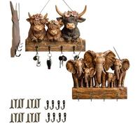 Generico Rustic Highland Cow Wooden Family Key Holder, Three Adorable Cows Keys Decorative Rack, Farmhouse Wall Mount Bullhead Animal Key Hooks with 4 Metal Hooks for Entryway,Hallway,Home Gift