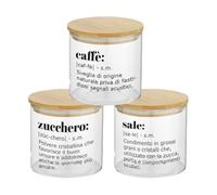 Generico Sale Zucchero e Caffè Set Tris Contenitori Personalizzati con Frasi Simpatiche Confezione 3 Barattoli Trasparenti In Vetro Coperchio Legno Idea Regalo Arredo Decorazioni Casa Cucina
