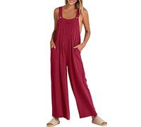 Generico Salopette da donna in cotone e lino, senza maniche, casual, a tinta unita, tute durevoli da lavoro, a gamba larga, pantaloni harem con tasche