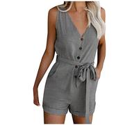 Generico Salopette Donna Estiva Corta,Tutina Donna Elegante Scollo A V Senza Maniche Larghi Jumpsuit Bottoni Cintura A Papillon Tinta Unita Gamba Larga Tuta Intera con Tasche