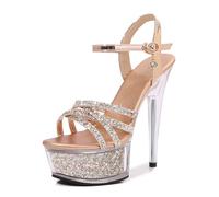 Generico Sandali A Spillo con Plateau E Punta Tonda da 14,5 Cm da Donna - Tacchi Alti Trasparenti Lucidi con Tacco Scintillante for Feste E Serate(Champagne,41)