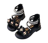 Generico Sandali Bambina Eleganti Sandali Neri Alti con Perle e Fiori per Cerimonia Festa e Matrimonio Scarpe Estive da Principessa con Cinturino alla Caviglia e Cerniera (Black, 27 Little Child)