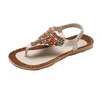 Generico Sandali Bassi Eleganti Pianta Larga Estivi Donna String Bead Casual Ladies Sandals Scarpe Donne Spiaggia Sandali da Donna Bassi Estivi Plateau (Beige,38)