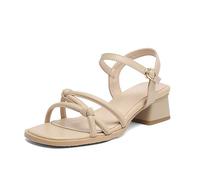 Generico Sandali Casual da Donna con Cinturino Annodato | Sandali Estivi In Pelle Pu Con Punta Quadrata Aperta E Fibbia, Sandali Con Tacco A Blocco Per Le Vacanze Al Mare