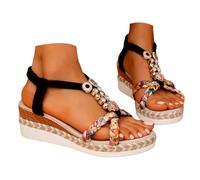 Generico Sandali Casual da Donna Sandali casual da donna per la scuola con zeppa e strass, slip-on, intrecciati alla romana, comode calzature (Black, 43)