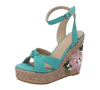 Generico Sandali con Plateau Donna Eleganti Comodi 2026 Estate Coreana Sandali con Tacco Inclinato Imitazione Tessitura Suola Spessa Piattaforma A Prova di Acqua Dorati Donna Scarpe (Blue,37)