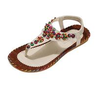 Generico Sandali Donna Bassi Eleganti Sandali Donna Comodi da Estate Alla Nuovo Modello Fatti A Mano Perline Infradito Comodo Fondo Piatto Elastico Ciabatte Estive con (Beige,40)