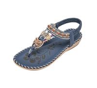 Generico Sandali Donna Bassi Pianta Larga Scarpe Aperte Sandali Estivi da Donna con Cinturino A T E Cinturino Elastico Sul Retro,con Perline Tacco Basso Spiaggia (Navy,41)