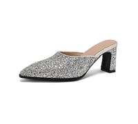 Generico Sandali Donna con Tacco Largo Alto Glitterato Punta Affusolata Mule Slip on Scarpe Eleganti da Sposa E Damigella per Matrimonio Cerimonia Festa,Argento,35 EU