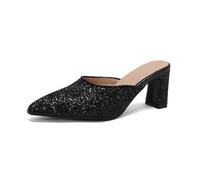 Generico Sandali Donna con Tacco Largo Alto Glitterato Punta Affusolata Mule Slip on Scarpe Eleganti da Sposa E Damigella per Matrimonio Cerimonia Festa,Nero,39 EU