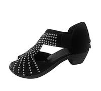 Generico Sandali Donna con Tacco Scarpe Estive Comode Largo Donna Estate Retrò Pelle Scamosciata Decorazione Strass Punta Cerniera Posteriore Sandali Tacco Ciabatte Antiscivolo (Black,40)