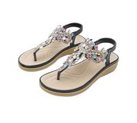 Generico sandali donna,sandali borchie donna,Women's Summer Flat Sandals with Elastic Back Strap, Toe Post Style with Rhinestone Flower Decoration(Black 36)