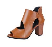 Generico Sandali Donna Tacco Largo Scarpe da Estive Largo Sandali con Tacco E Cerniera Posteriore In Pelle Tinta Unita da Donna Estivi Comodi Scarpe Spiaggia (Brown,40)