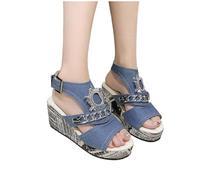 Generico Sandali Donna Zeppa Eleganti Sandali Plateau con Tacco Inclinato Bocca di Pesce Casual Scava Fuori Fondo Spesso Scarpe da Donna Alla Borchie Scarpe (Blue,40)