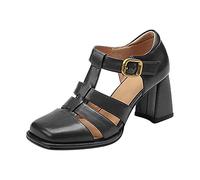 Generico Sandali Mare Donna Pianta Larga Sandali Comodi Scarpe con Tacco da Donna Scarpe Retrò Letterarie Di con Tacco Grosso In Pelle Pu da Studente Cuoio (Black,38)