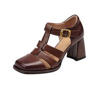 Generico Sandali Mare Donna Pianta Larga Sandali Comodi Scarpe con Tacco da Donna Scarpe Retrò Letterarie Di con Tacco Grosso In Pelle Pu da Studente Cuoio (Brown,37)