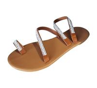 Generico Sandali Moda Donna Sandali da donna estivi casual con strass e perle da spiaggia con fondo piatto e piedi di grandi dimensioni (Brown, 42)