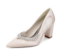 Generico Scarpe da Sposa in Cristallo per Le Donne Slip On Comode Scarpe da Sera Satin Strass Eleganti Sandali con Tacco Alto,Champagne,37 EU