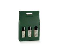 Generico Scatola PORTABOTTIGLIE da 3 posti 27x9x38.5 cm con Finestre | PORTA BOTTIGLIE 3 VANI CON MANICO MATRIMONI EVENTI SPECIALI (Seta Verde)