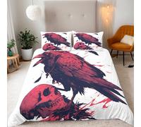 Generico Scheletro Copripiumino Singolo Corvo Teschio Gotico Set Copripiumino 135x200cm Microfibra Traspirante Morbido 3 Pezzi Singolo Parure Ragazzo, con Cerniera e 2 x Federe 50x75cm