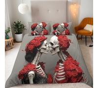 Generico Scheletro Parure Copripiumino Matrimoniale 155x220cm Coppia Di Teschi Floreali Copripiumino Ragazza Set di Biancheria da Letto Microfibra Cerniera Nascosta 3 Pezzi e 2 x Federe 50x75cm