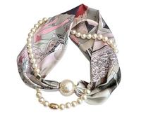 Generico Sciarpa di seta con chiusura magnetica e collana di perle da donna - Piccola sciarpa quadrata per la primavera e l'autunno(Color24)