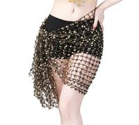 Generico Sciarpa per La Danza del Ventre Traspirante Sciarpa Dell'anca di Danza del Ventre Gonna Avvolgente Intrecciata con Paillettes Cintura A Catena Rave Dancer Performance(Black Gold,1pcs)