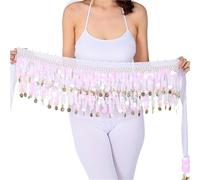 Generico Sciarpa per La Danza del Ventre Traspirante Sciarpa for Danza del Ventre da Donna con Monete d'oro Catena in Vita Ballo Frange E Nappe Accessori Costumi di(White)