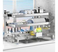 Generico Scolapiatti sopralavello a 2 Livelli - Scolapiatti Verticale da 33 Pollici, Organizer da Cucina salvaspazio, Grande capacità per Piatti e Utensili, Acciaio Inossidabile Resistente alla ruggi