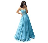 Generico Scollo a V Scintillante Pizzo Applique Abiti da Prom Donna Spaghetti Strap Serata Formale Abiti Lunghi da Festa in Raso con Tasche Blue S