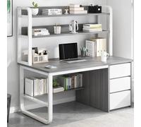 Generico Scrivania Industriale per Computer con Ripiani Superiori, 3 cassetti e libreria - Grigio 120 cm, Ideale per Ufficio Domestico, Studio, Scrittura, postazione di Lavoro, Design Moderno, Resist