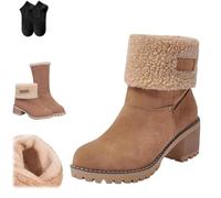Generico Seniors' Winter Boots,Round Toe Mid Chunky Heel Slip On Suede Warm Snow Ankle Boots for Women,Faux Fur Lined High Heel Shoes