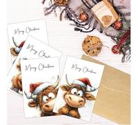 Generico Set 12 Biglietti di Natale con Buste - 6 Stili Mucca Highland Natalizia | Cartoline Auguri Merry Christmas Divertenti | Biglietti con Buste Kraft 15 x 10 cm - Idee Regalo e Feste
