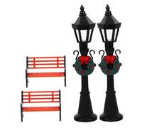 Generico Set 4 Pezzi Mini Lampioni da Prato in Pe 2 Mini Panchine da Parco, Accessori Decorativi per Casa delle Bambole, Villaggio Natalizio e Giardino delle Fate