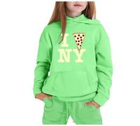 Generico Set Abbigliamento Casual per Ragazze Invernale con Stampa Città Nome Manica Lunga Cappuccio Pantaloni Confortevole Moda(Light Green, 5-6 Years)