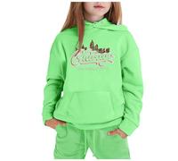 Generico Set Abbigliamento Casual per Ragazze Invernale Stampa Città Nome Manica Lunga Cappuccio Pantaloni Sportivo Confortevole(Light Green, 4-5 Years)