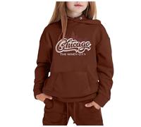 Generico Set Abbigliamento Casual per Ragazze Invernale Stampa Città Nome Manica Lunga Cappuccio Pantaloni Sportivo Confortevole(Coffee, 8-9 Years)